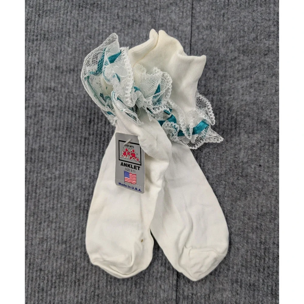 Vintage Lace Ruffle Socks Womens 9-11 Nylon Coquette White Teal Ribbon Girly Y2K